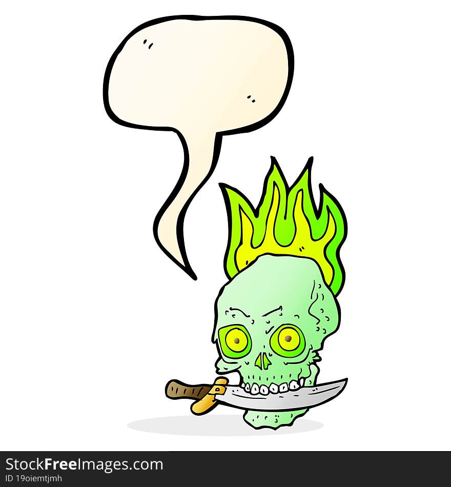 cartoon pirate skull with knife in teeth with speech bubble