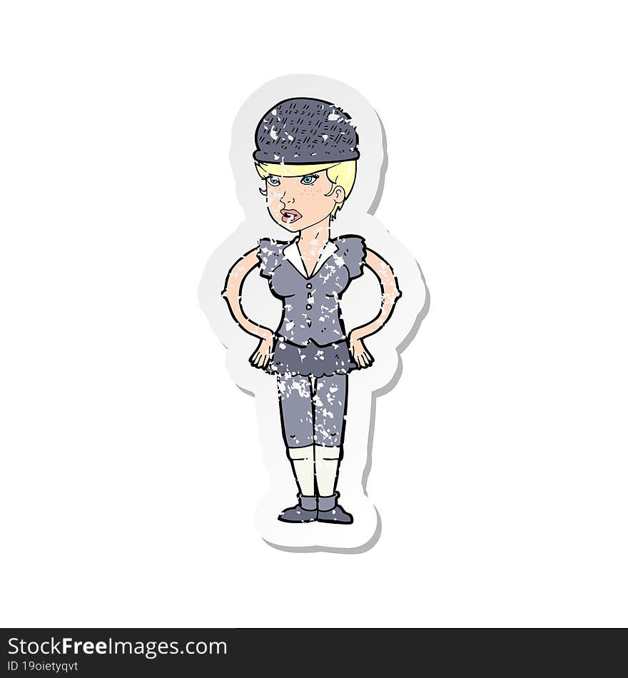 retro distressed sticker of a cartoon woman wearing hat