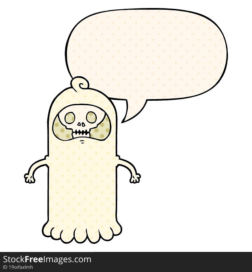 cartoon spooky skull ghost and speech bubble in comic book style