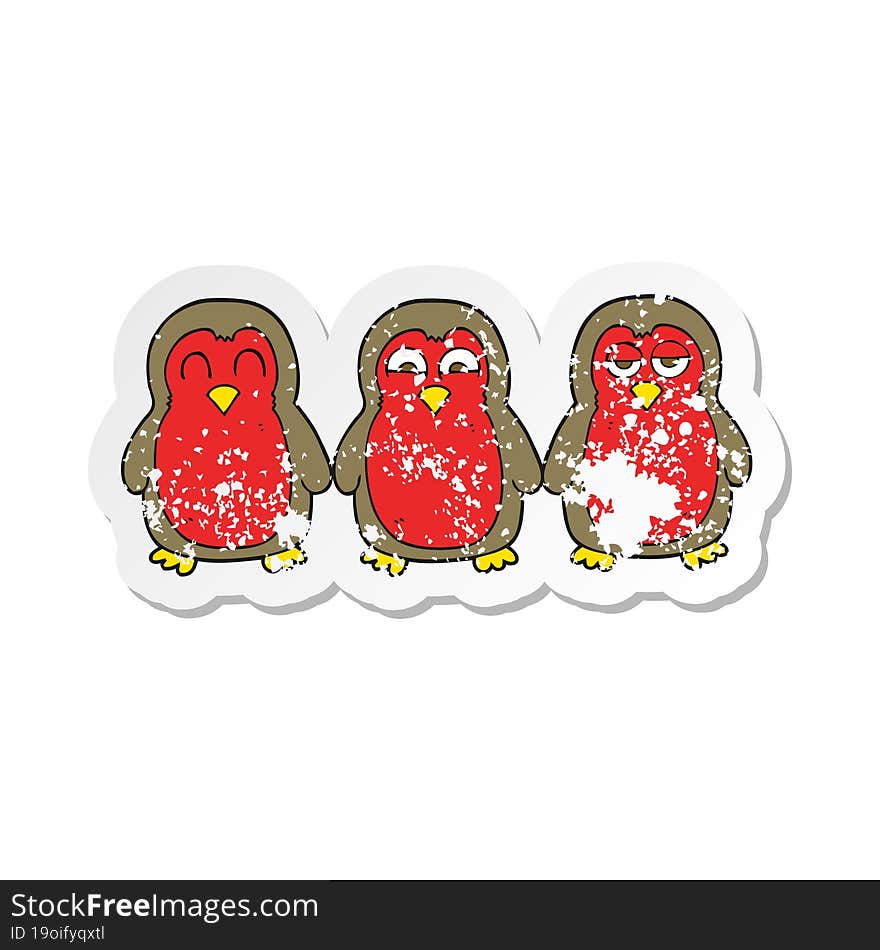 retro distressed sticker of a cartoon christmas robins holding hands