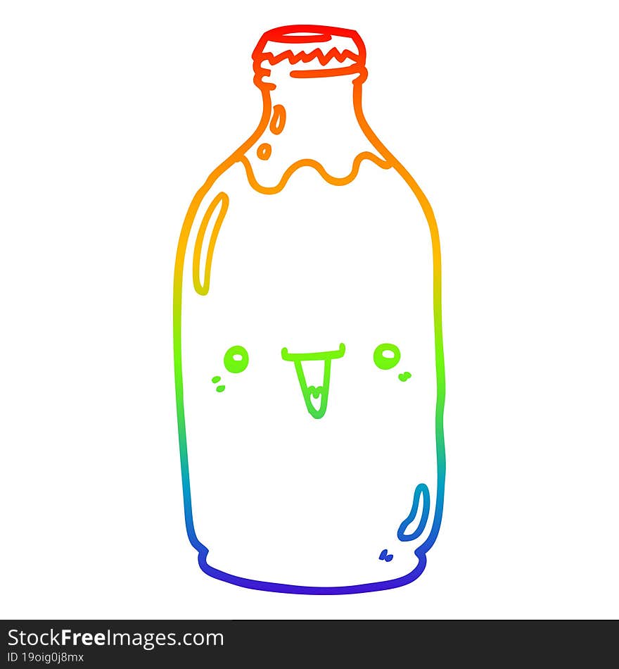 rainbow gradient line drawing of a cute cartoon milk bottle