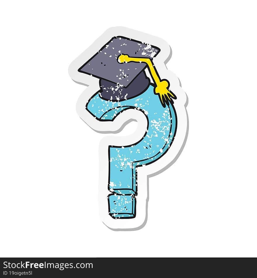 retro distressed sticker of a cartoon graduation cap on question mark