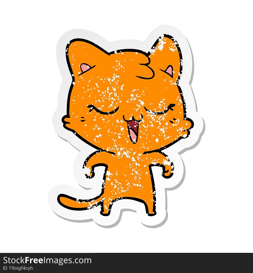 distressed sticker of a happy cartoon cat