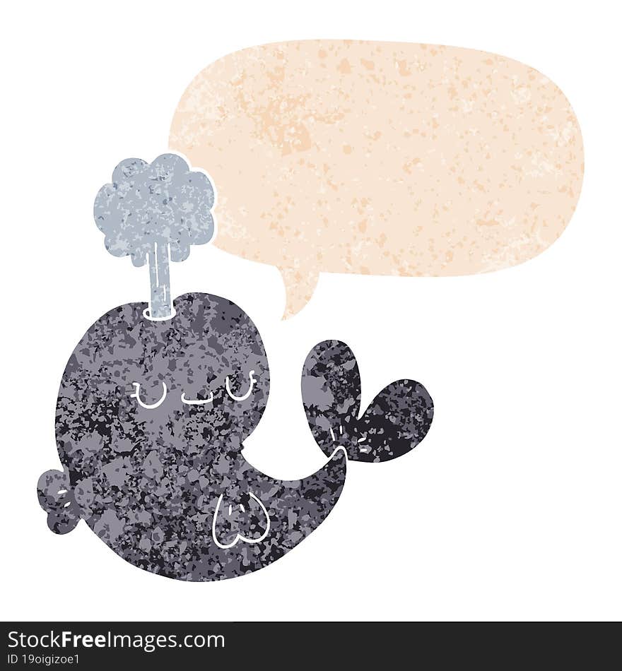 cute cartoon whale and speech bubble in retro textured style