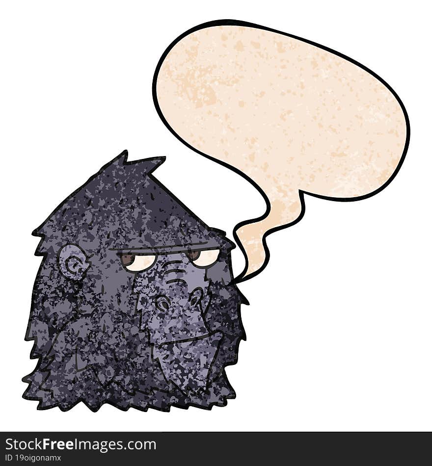 cartoon angry gorilla face and speech bubble in retro texture style