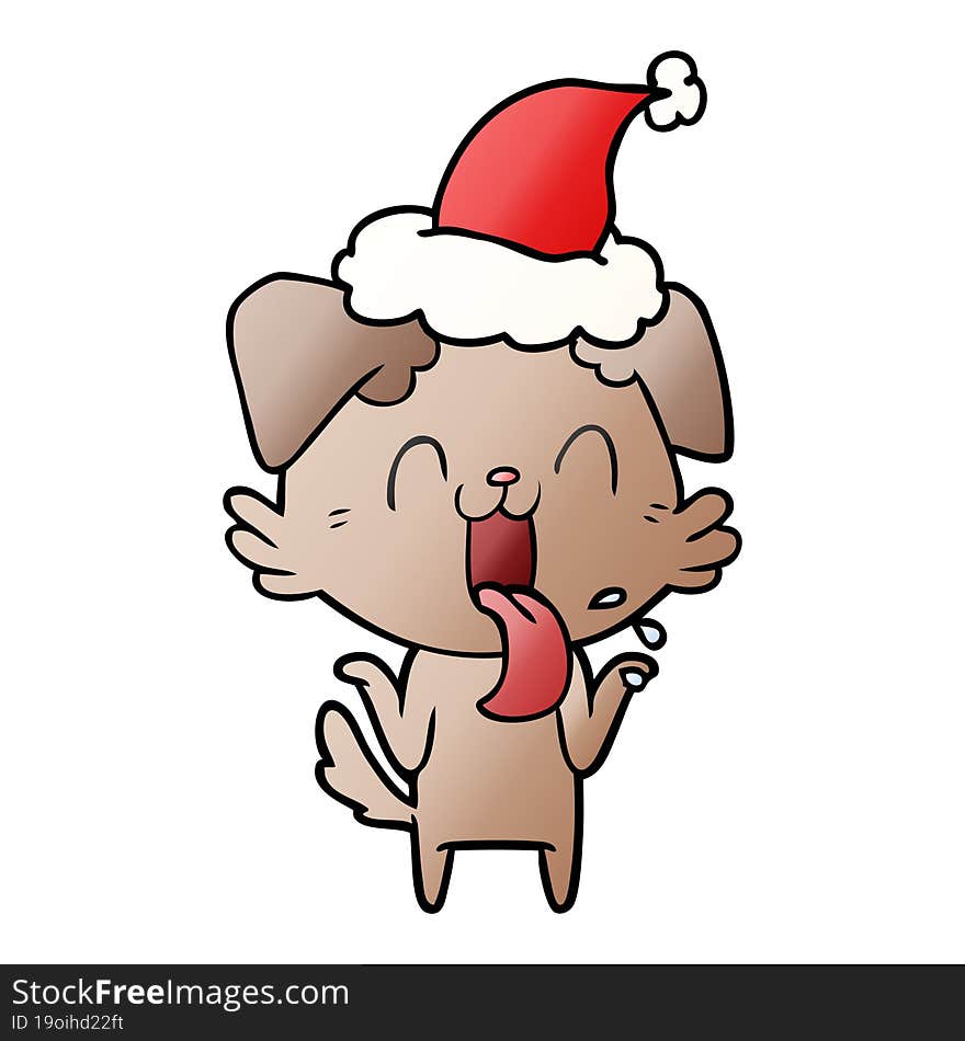 hand drawn gradient cartoon of a panting dog shrugging shoulders wearing santa hat