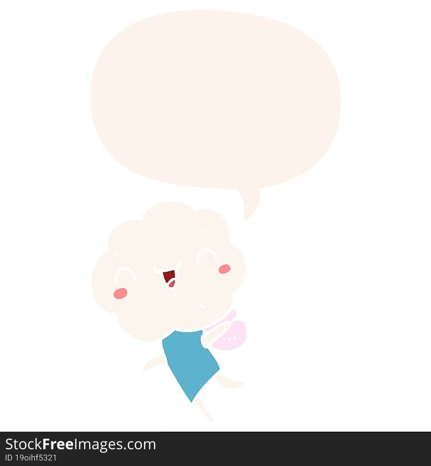 cute cartoon cloud head creature and speech bubble in retro style