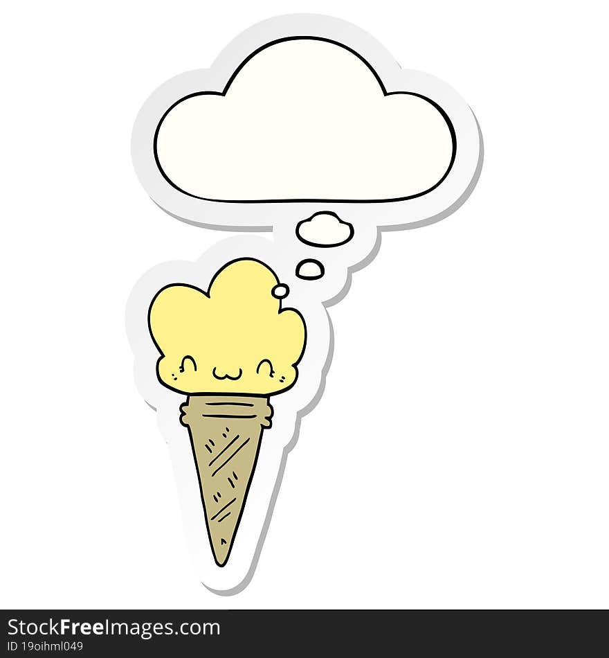 cartoon ice cream with face with thought bubble as a printed sticker