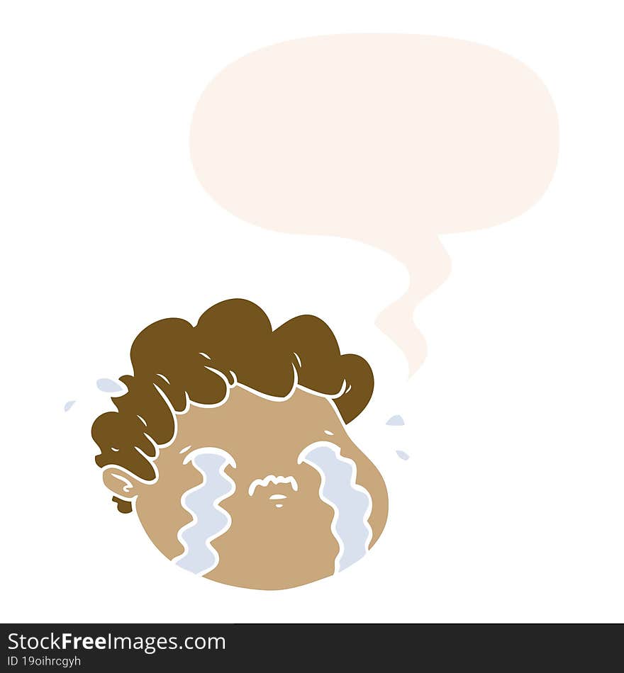 cartoon crying boy and speech bubble in retro style