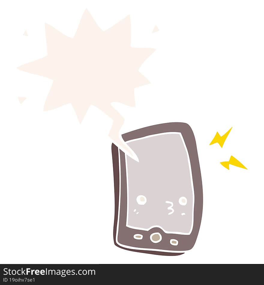 cartoon mobile phone and speech bubble in retro style