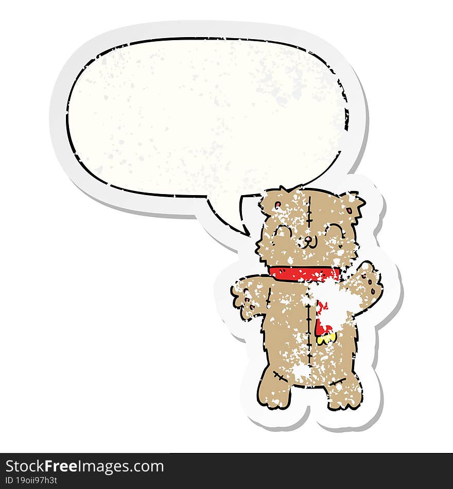 Cartoon Teddy Bear And Speech Bubble Distressed Sticker