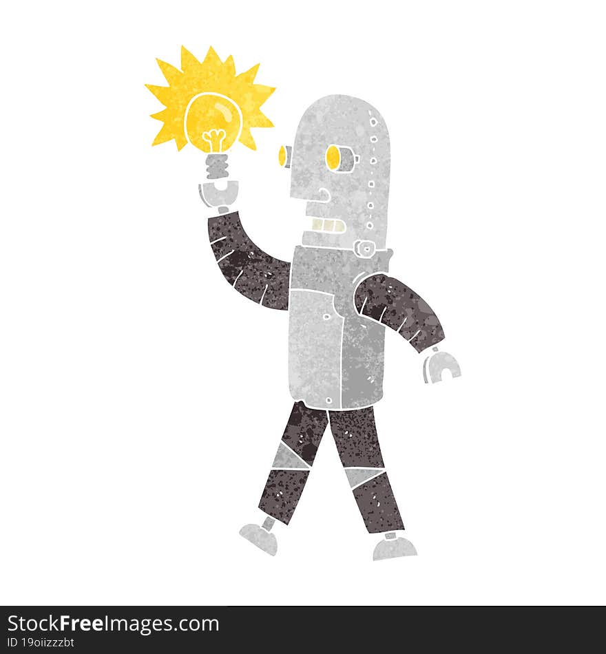 retro cartoon robot with light bulb