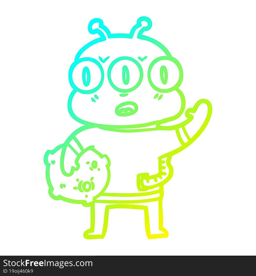 cold gradient line drawing cartoon three eyed alien waving