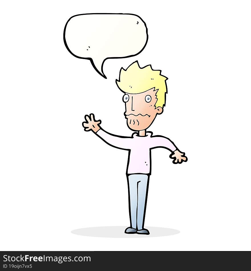 cartoon worried man reaching out with speech bubble