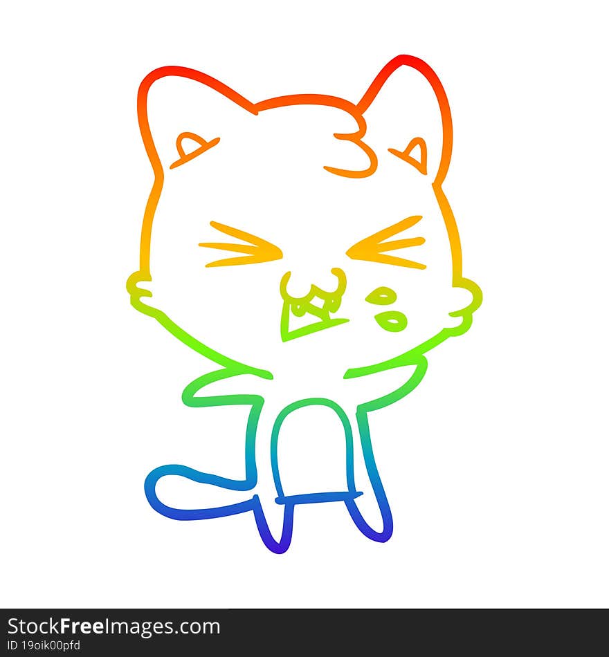 Rainbow Gradient Line Drawing Cartoon Cat Hissing