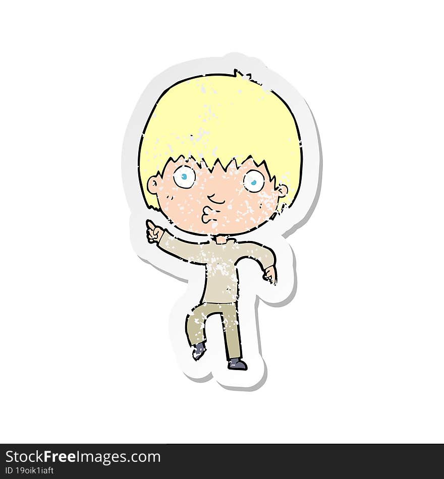 retro distressed sticker of a cartoon impressed boy pointing