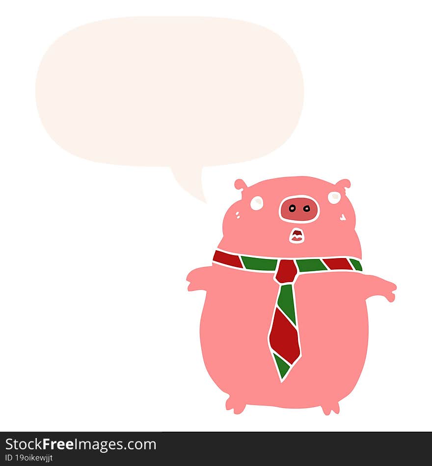 cartoon pig wearing office tie and speech bubble in retro style