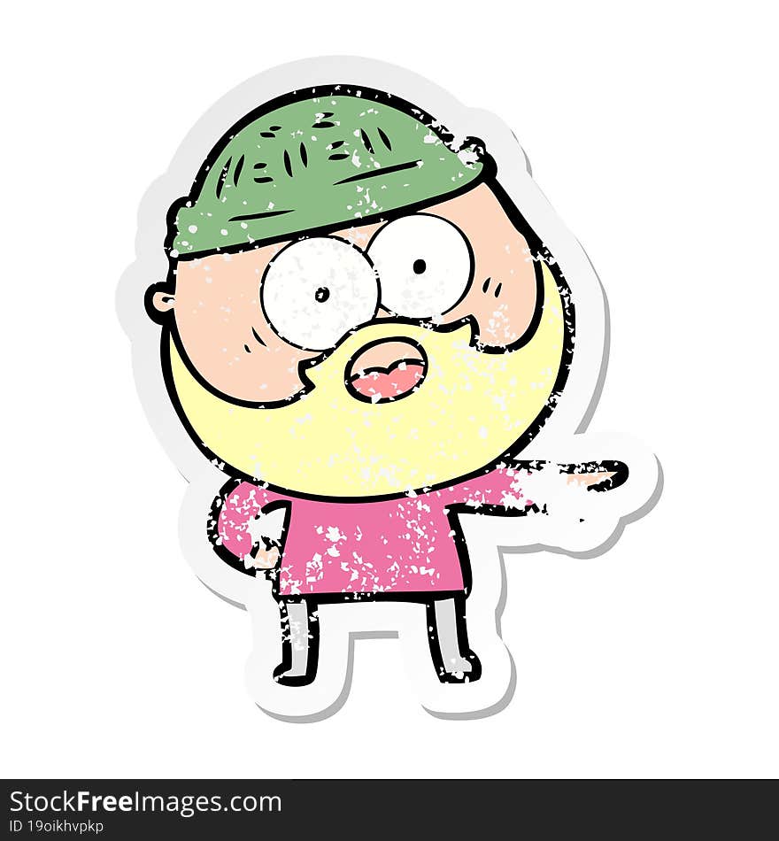 distressed sticker of a cartoon bearded man pointing