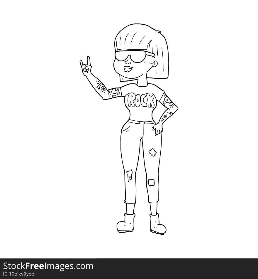 freehand drawn black and white cartoon rock woman