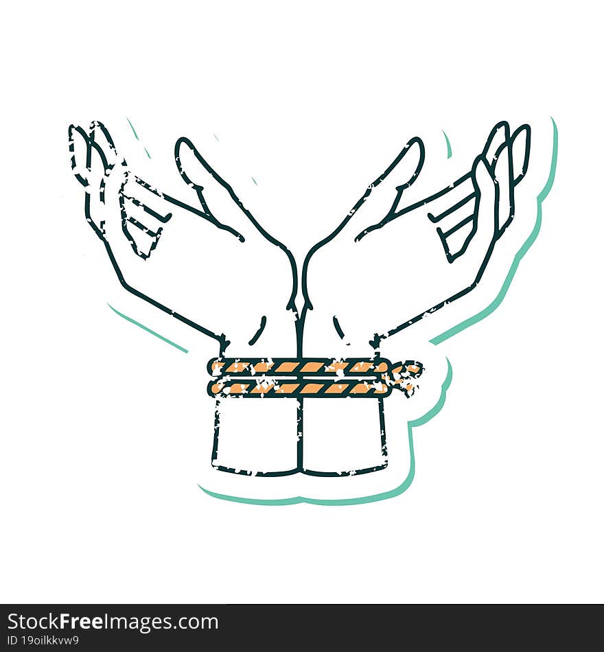 iconic distressed sticker tattoo style image of a pair of tied hands. iconic distressed sticker tattoo style image of a pair of tied hands