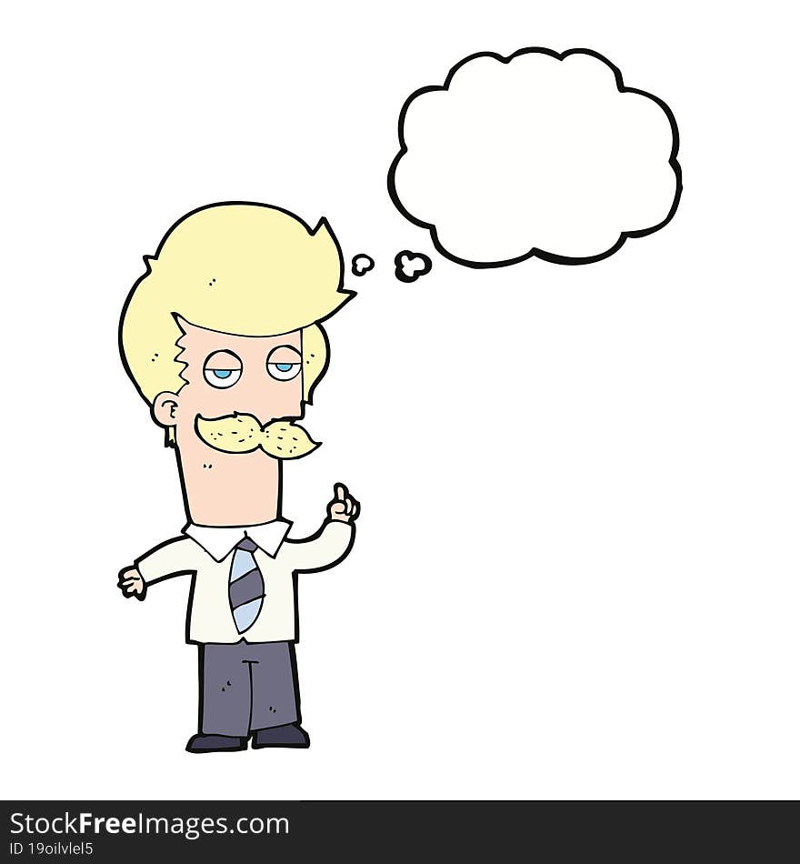 cartoon mna with mustache explaining with thought bubble