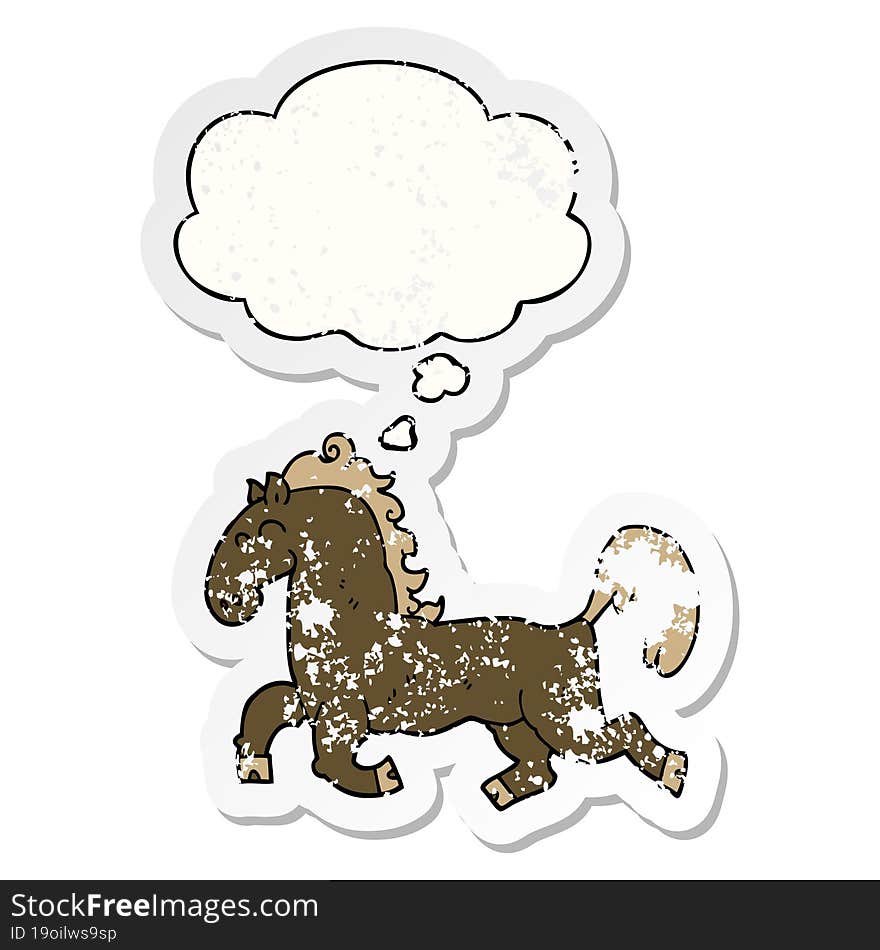 cartoon stallion with thought bubble as a distressed worn sticker