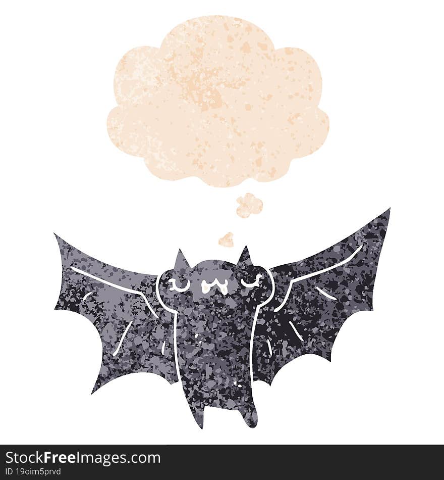 cute cartoon halloween bat and thought bubble in retro textured style