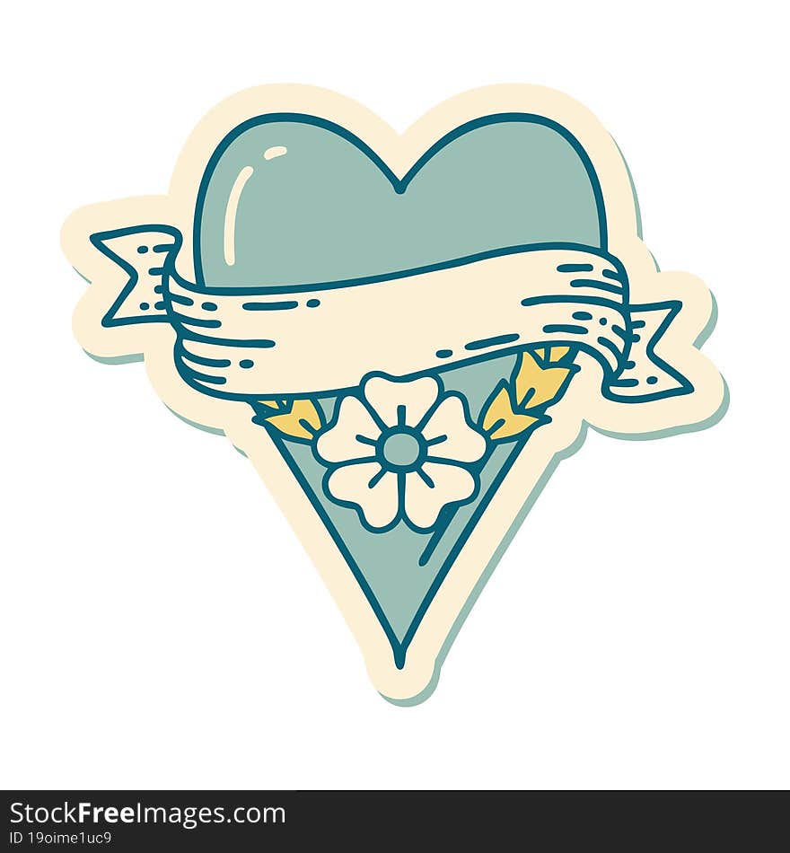 sticker of tattoo in traditional style of a heart flower and banner. sticker of tattoo in traditional style of a heart flower and banner