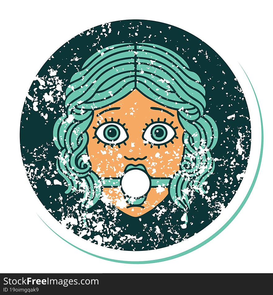 distressed sticker tattoo style icon of female face with ball gag