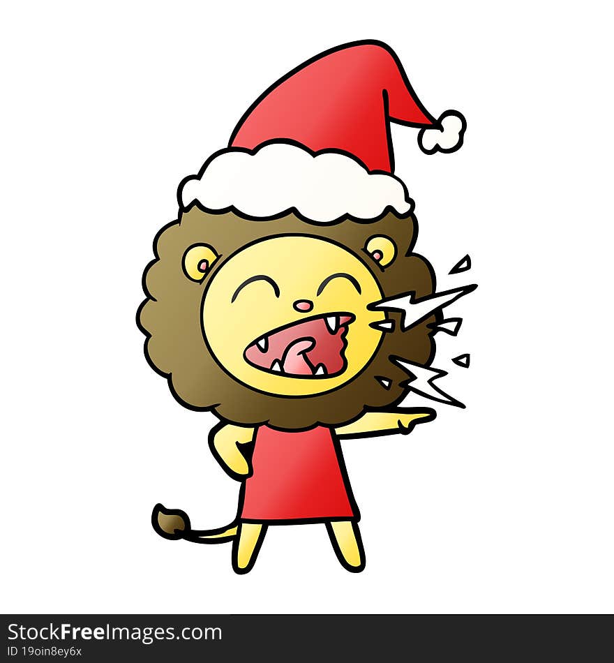 gradient cartoon of a roaring lion girl wearing santa hat