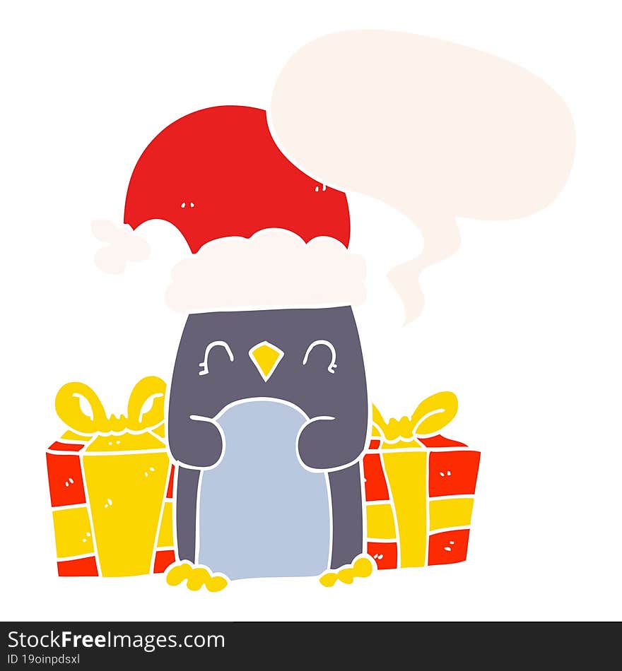 Cute Christmas Penguin And Speech Bubble In Retro Style