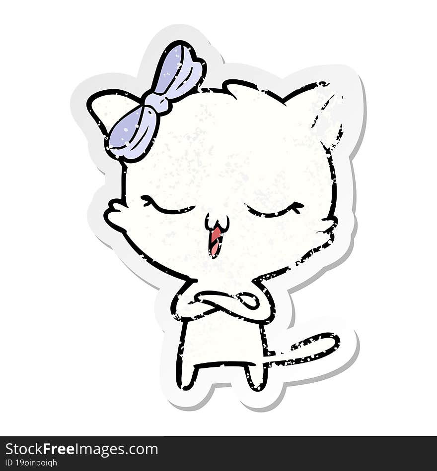 distressed sticker of a cartoon cat with bow on head