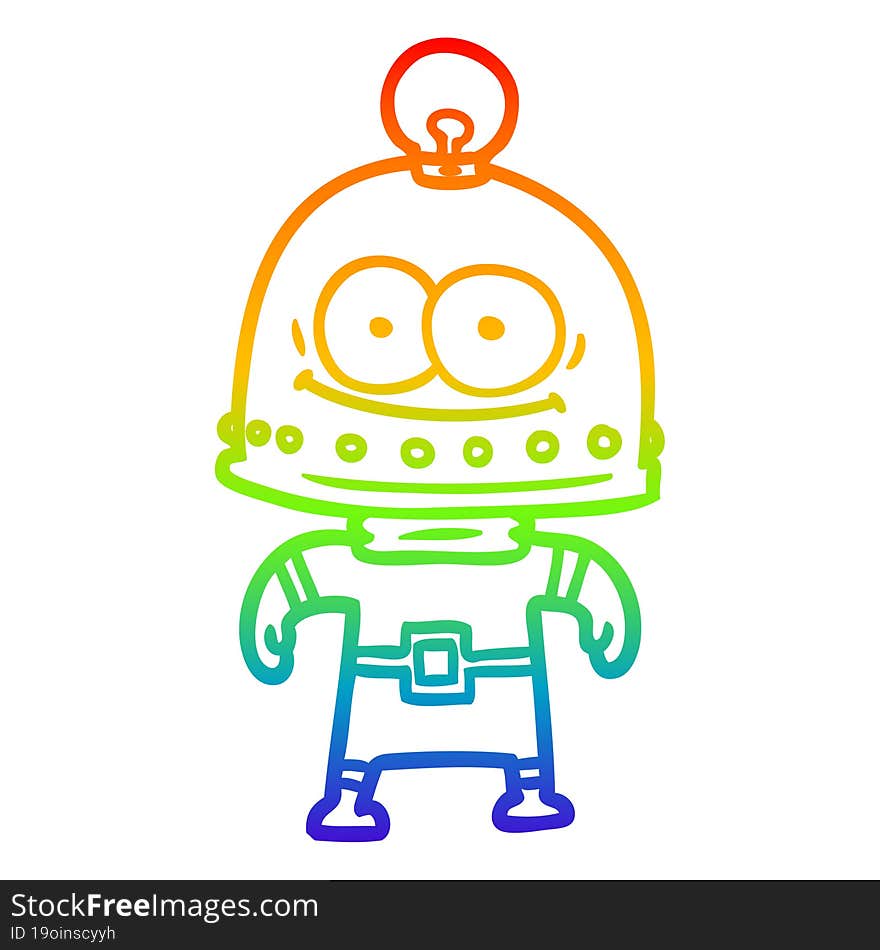 rainbow gradient line drawing happy carton robot with light bulb