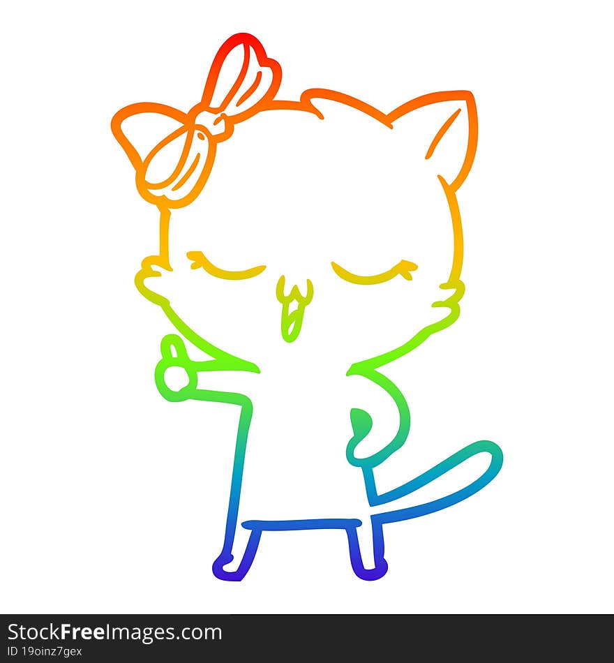 Rainbow Gradient Line Drawing Cartoon Cat With Bow On Head