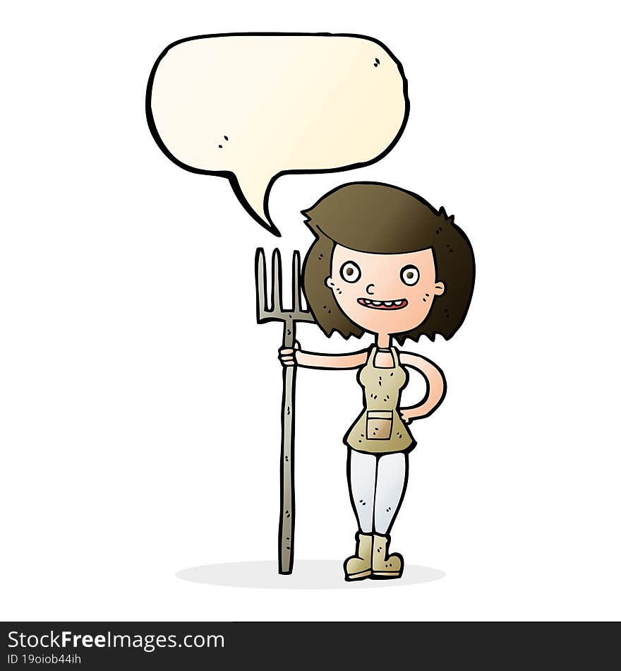 cartoon happy farmer girl with speech bubble