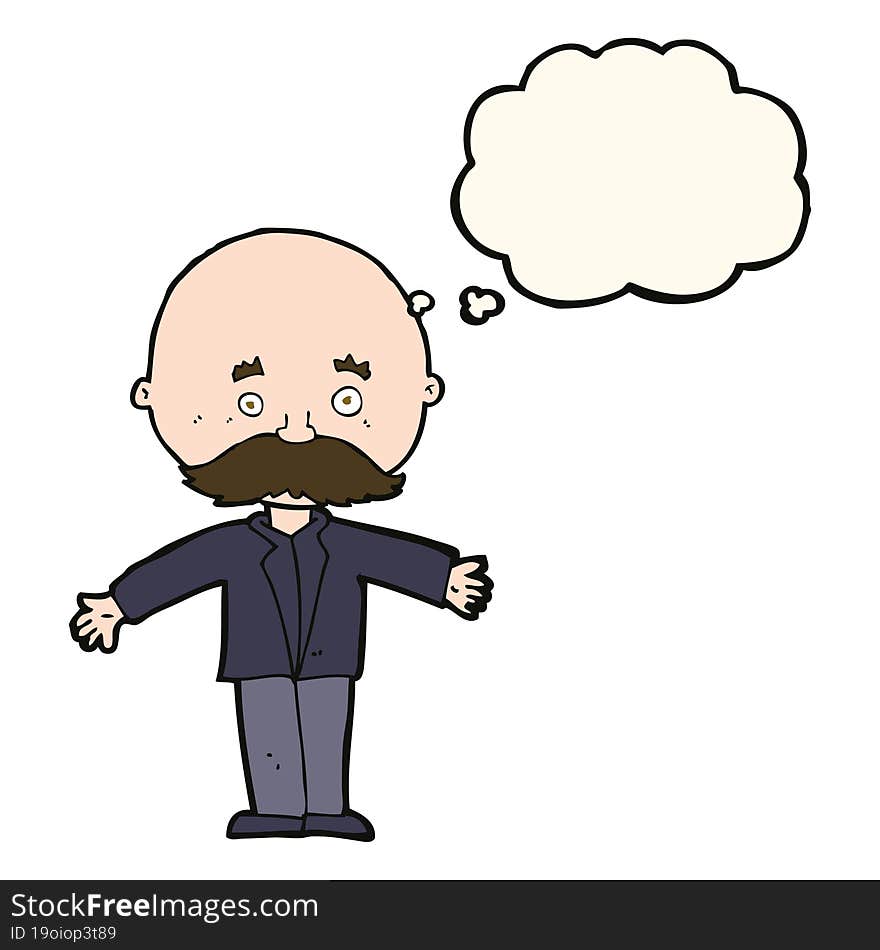 cartoon bald man with open arms with thought bubble