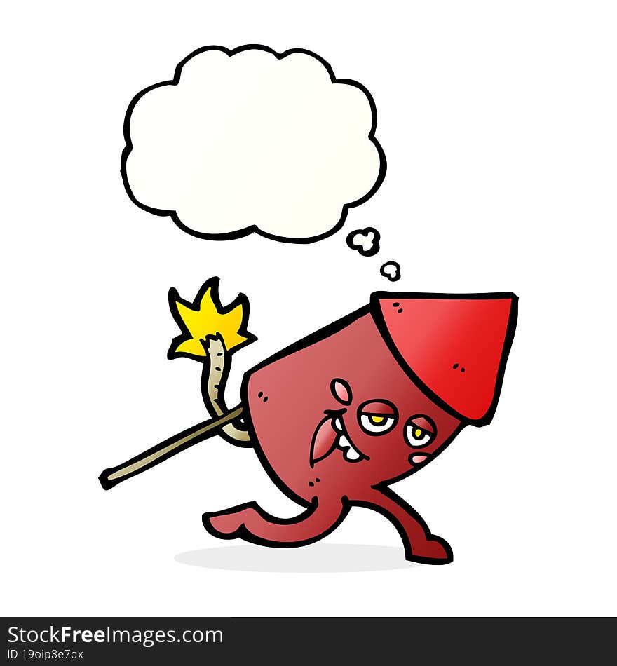 cartoon funny firework character with thought bubble