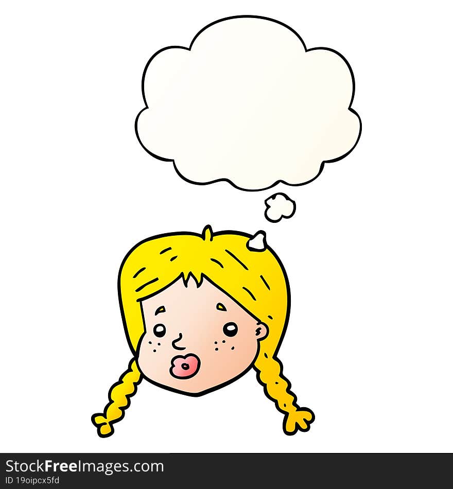 cartoon girls face with thought bubble in smooth gradient style