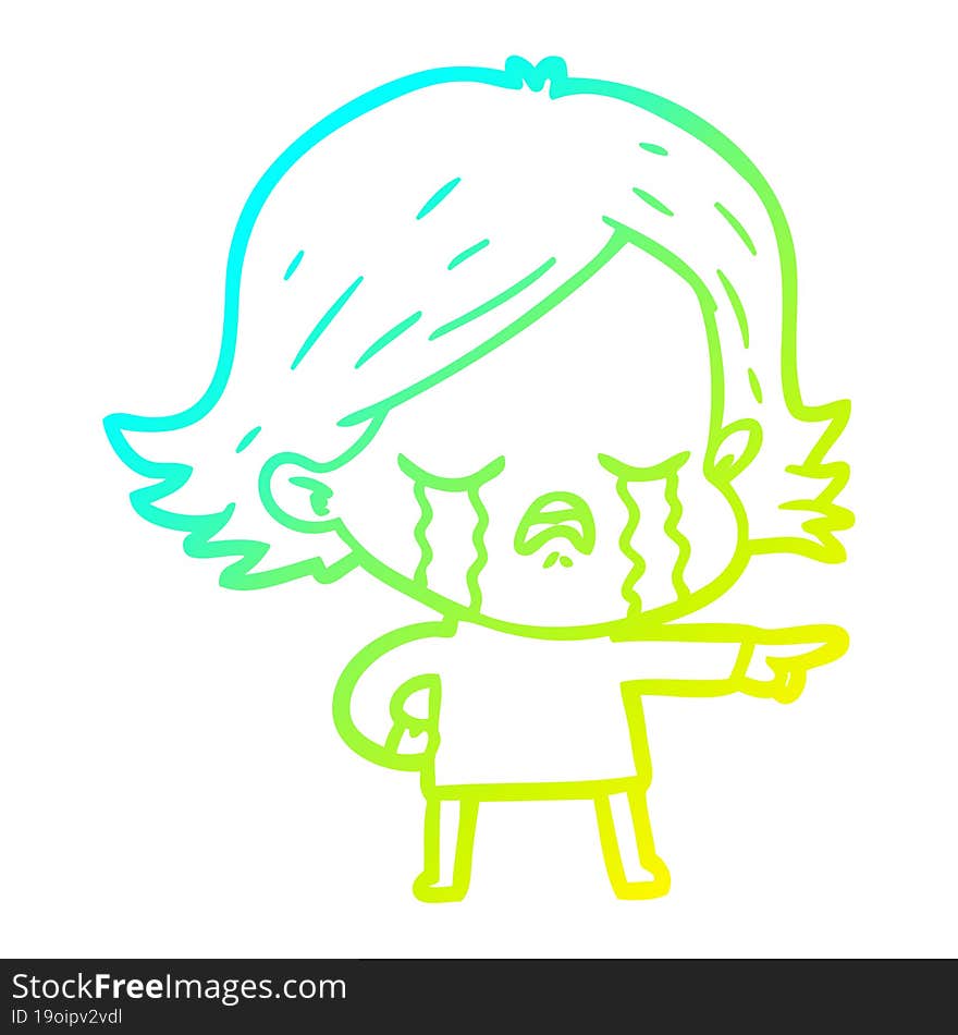 cold gradient line drawing cartoon girl crying and pointing