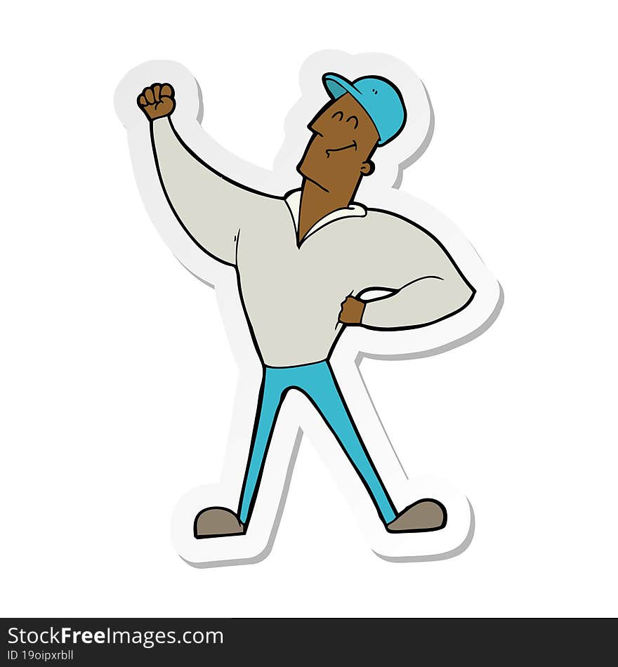 sticker of a cartoon man striking heroic pose