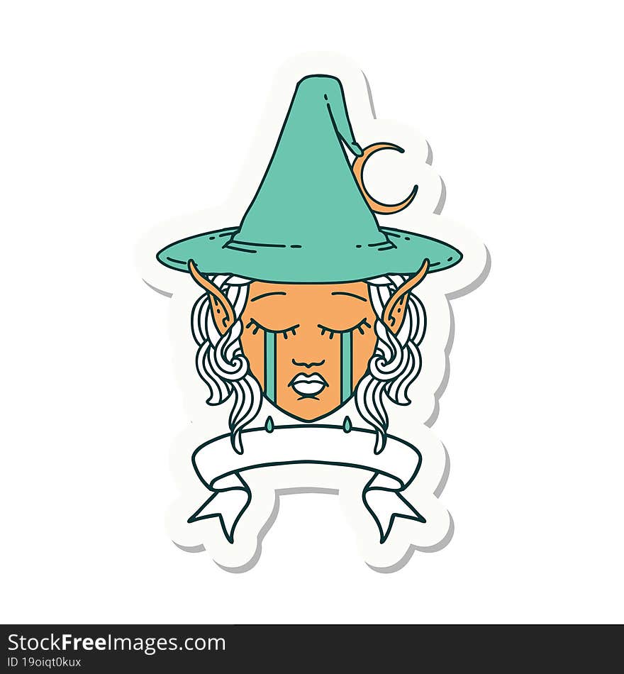 crying elf mage character face wiht banner sticker