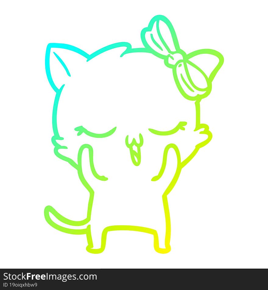 cold gradient line drawing cartoon cat with bow on head