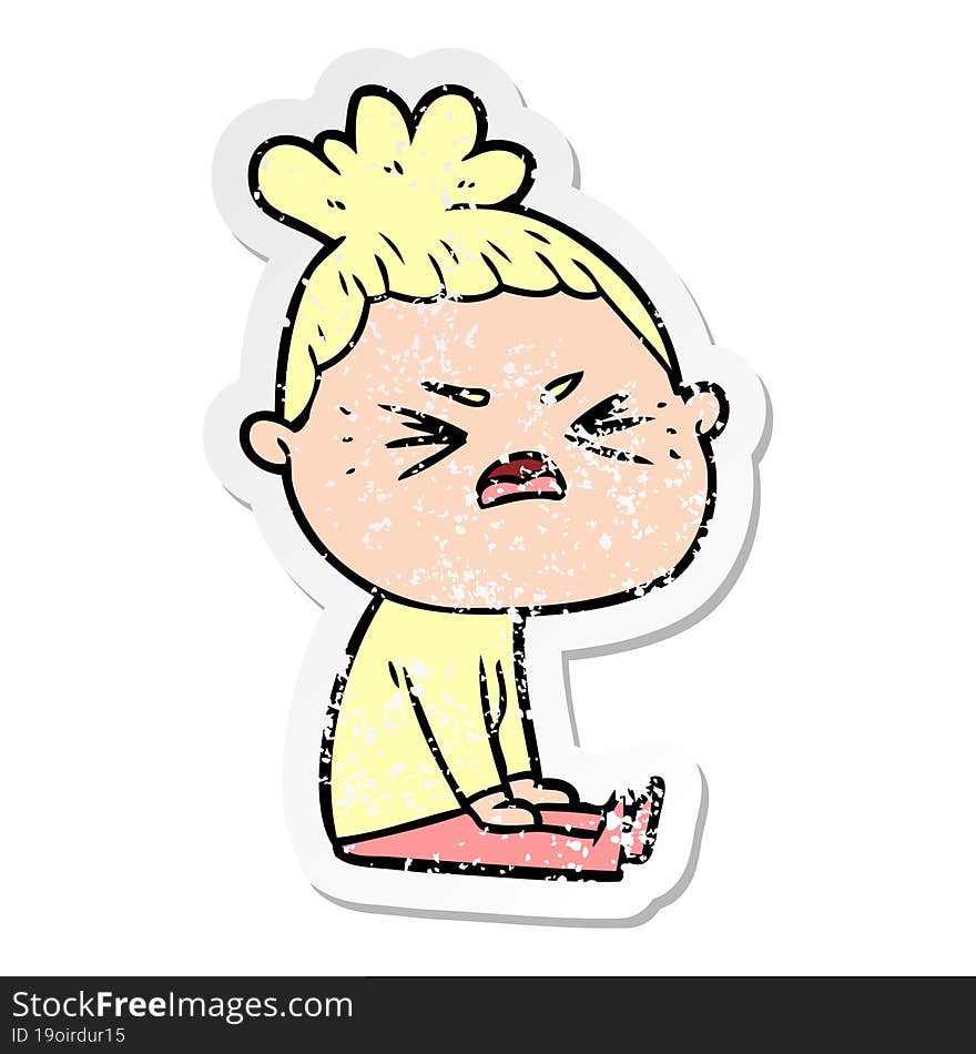 distressed sticker of a cartoon angry woman