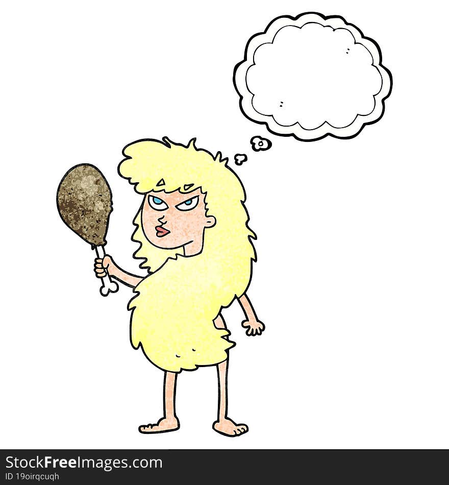 freehand drawn thought bubble textured cartoon cavewoman with meat