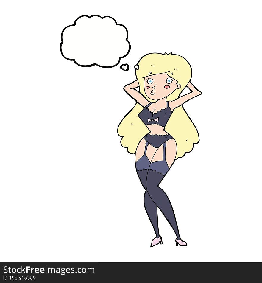 cartoon woman in lingerie with thought bubble