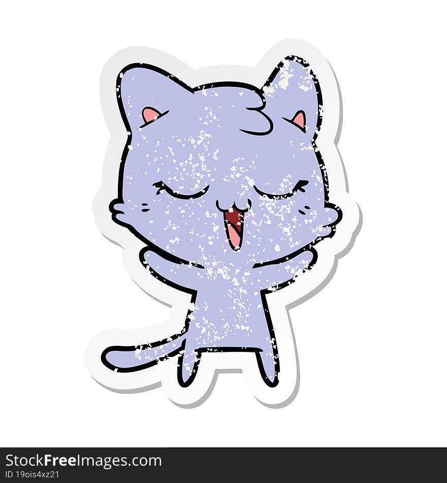 distressed sticker of a happy cartoon cat