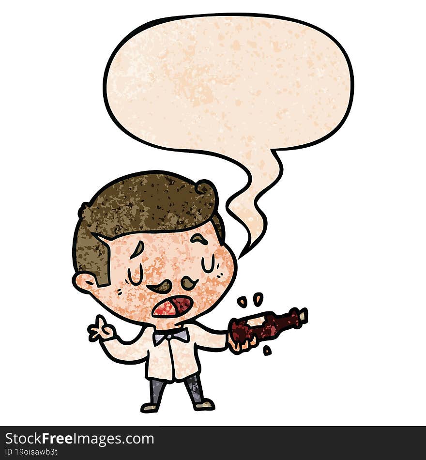 cartoon wine expert explaining with speech bubble in retro texture style