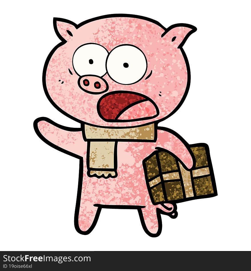 cartoon pig with christmas present. cartoon pig with christmas present