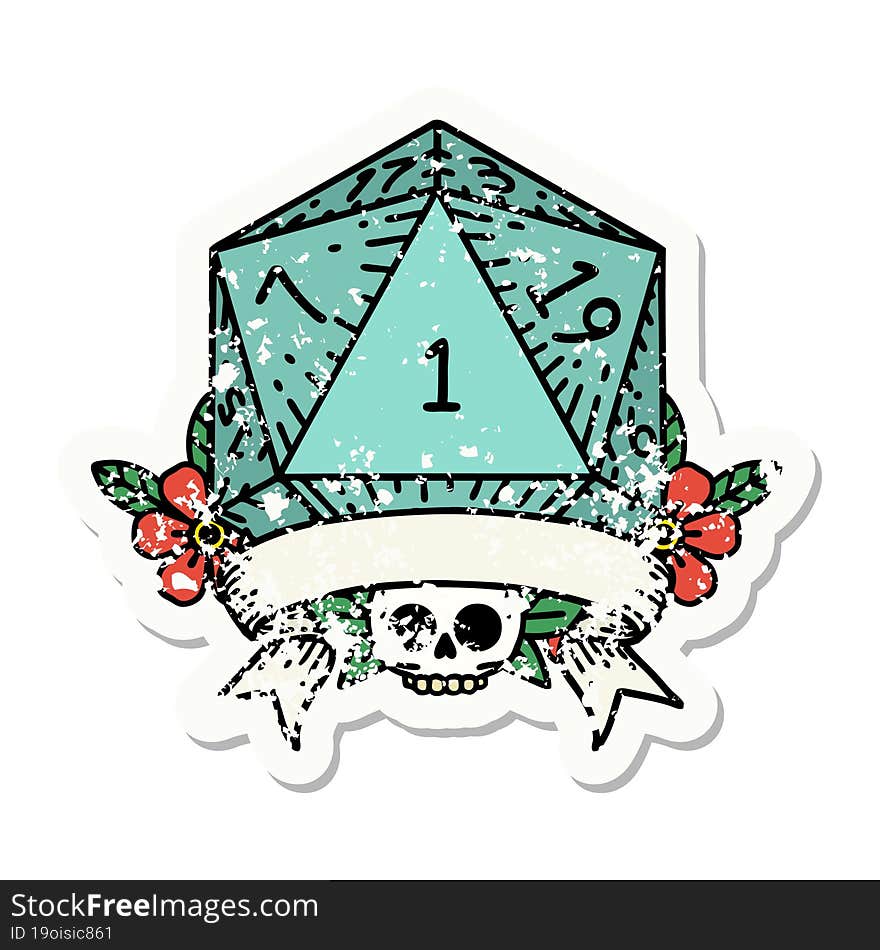 natural one d20 dice roll grunge sticker