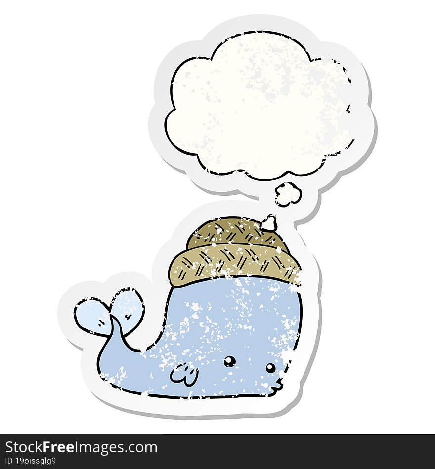 cartoon whale wearing hat and thought bubble as a distressed worn sticker